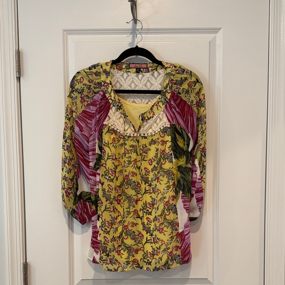 BOGO Floral Yellow and Pink Women's Top with Yellow Camisole under